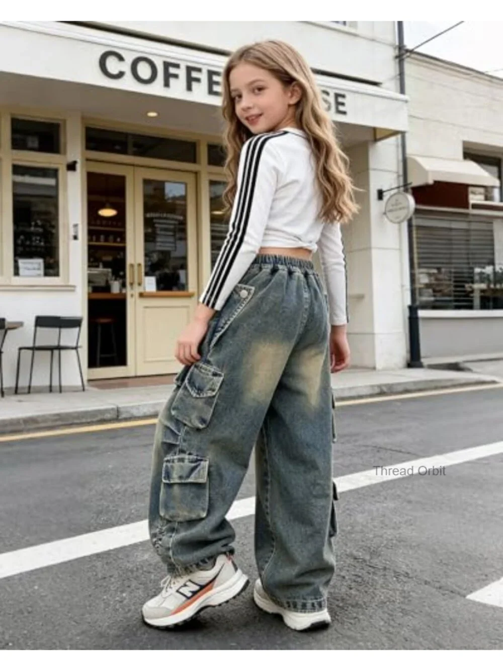 Girls Baggy Cargo Jeans High Waisted Wide Leg Y2K Denim Pants with Pockets